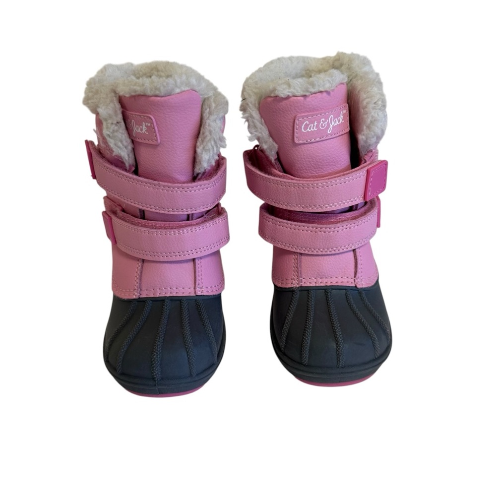 Cat & Jack Pink and Black Kids Winter Boots with Faux Fur Trim size 9
